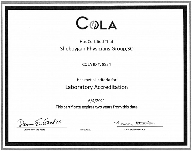 Sheboygan Physicians Group Laboratory Renews COLA Laboratory Accreditation!